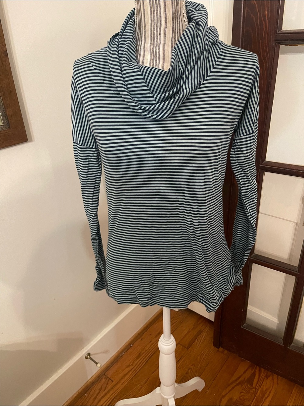 Royal Robbins Striped Cowl Neck Long Sleeve Top - Teal/White